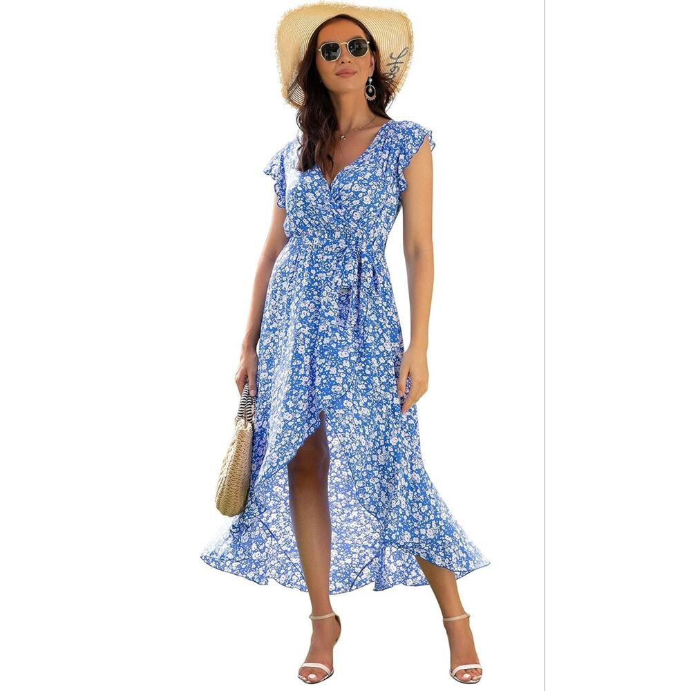 Grecerelle Blue & White Floral Print V-Neck Short Sleeve High Low Maxi Dress